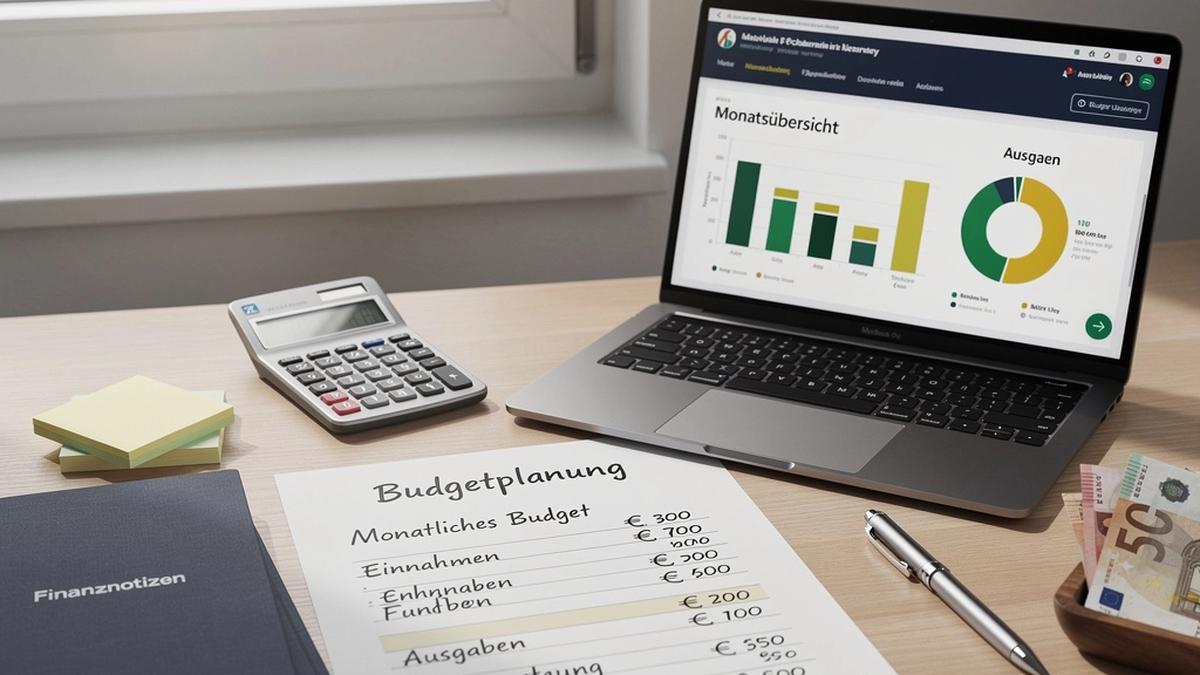 Arbeitsplatz mit Budget-Plan, Diagrammen und Taschenrechner