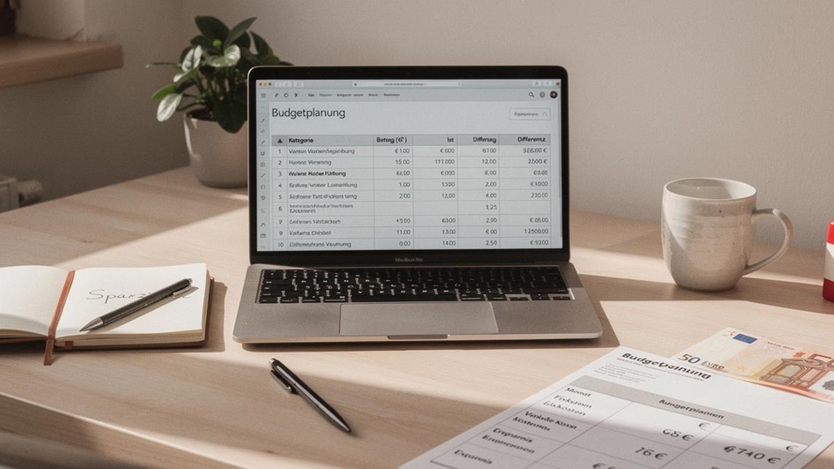 Schreibtisch mit Notizbuch, Budget-Plan und Laptop – ruhige, fokussierte Lernatmosphäre